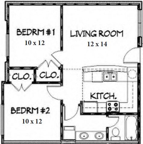 Floor plan for 2 beds, 1 bath, 663 sqft